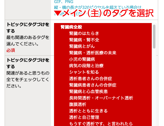 トピックにタグ付け、メインのタグ